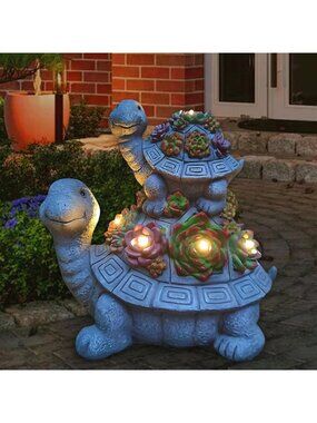 Large Solar Turtle Garden Statue with Succulent & 6 LED Lights - Outdoor Decor